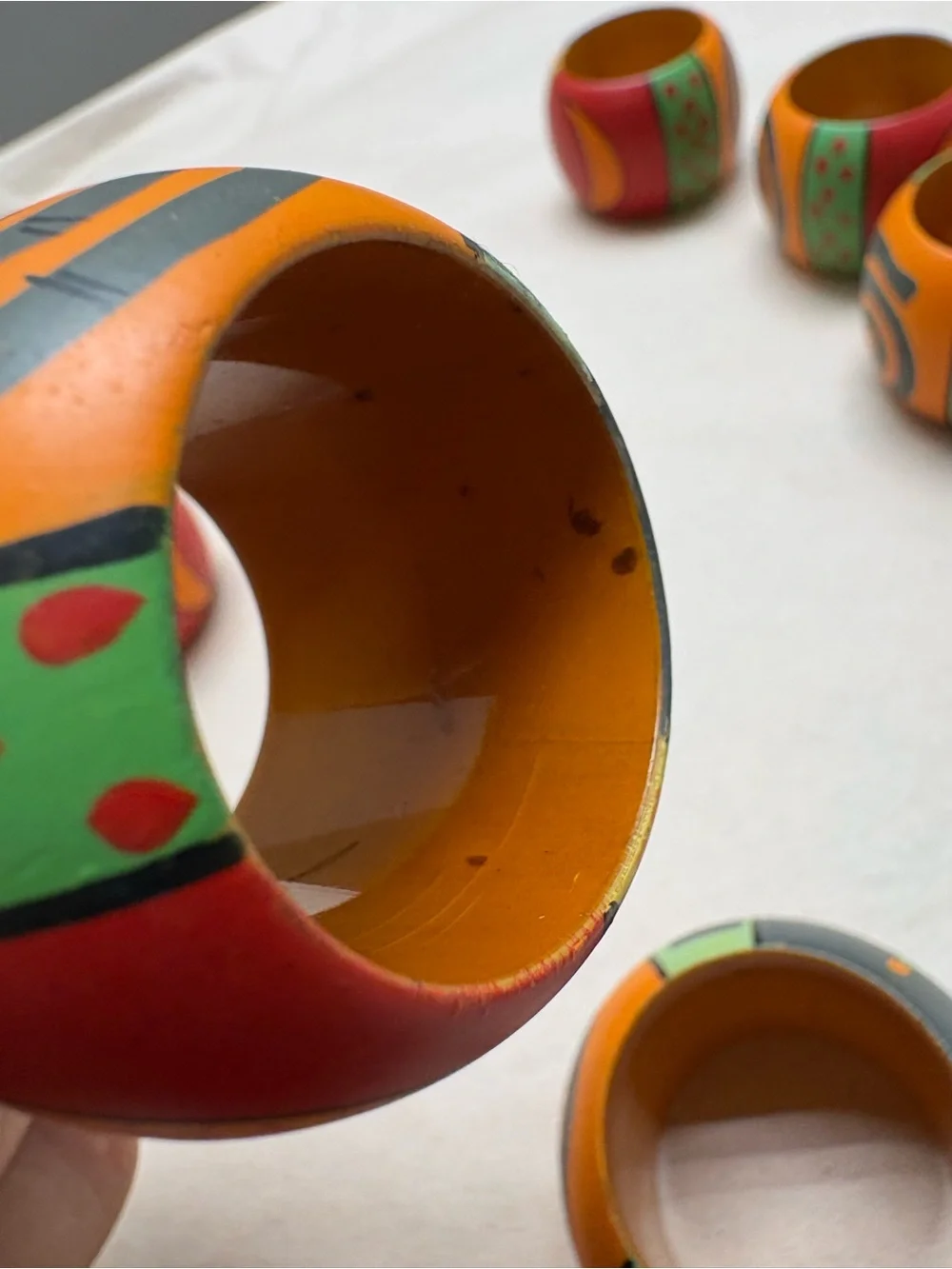 Colorful Hand-Painted Wooden Napkin Ring Set - Bright Orange & Multi